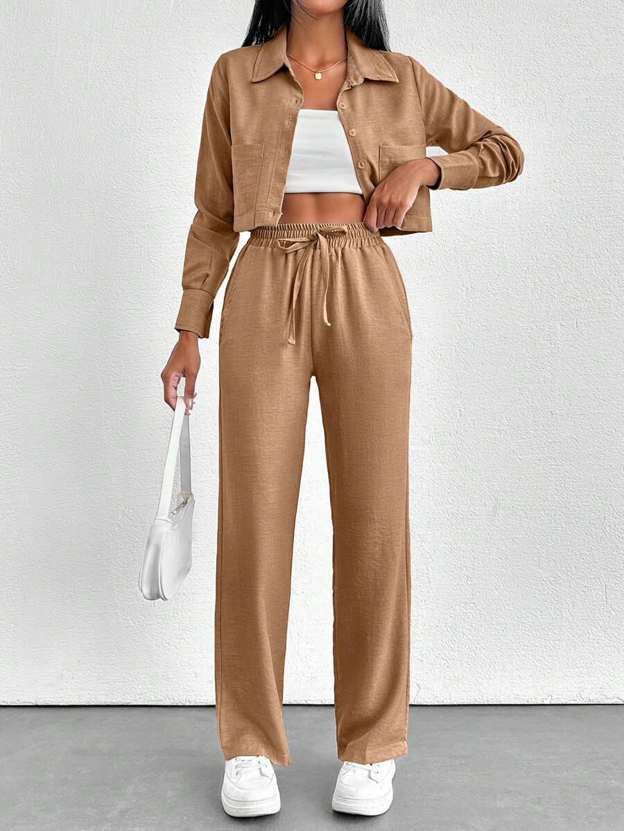 Cottton Fabric  Hoody Zipper Detail Short Sweatshirt Casual Women Two Pieces Outfit - Brown - View 1