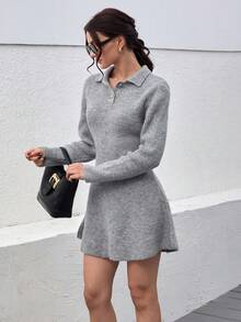 CLARA VERO Women Polo Neck Button Detailed Grey Knit Mini Sweater Dress,Winter Dresses - Grey - View 1