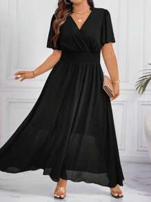 EMERY ROSE Plus Size Elegant Short Sleeve Dress With Wide Hemline, Ruffle Decor And Lace Edging. Loose Fit For Vacation Or Work, V-Neck Maxi Women Outfit - Black - View 3