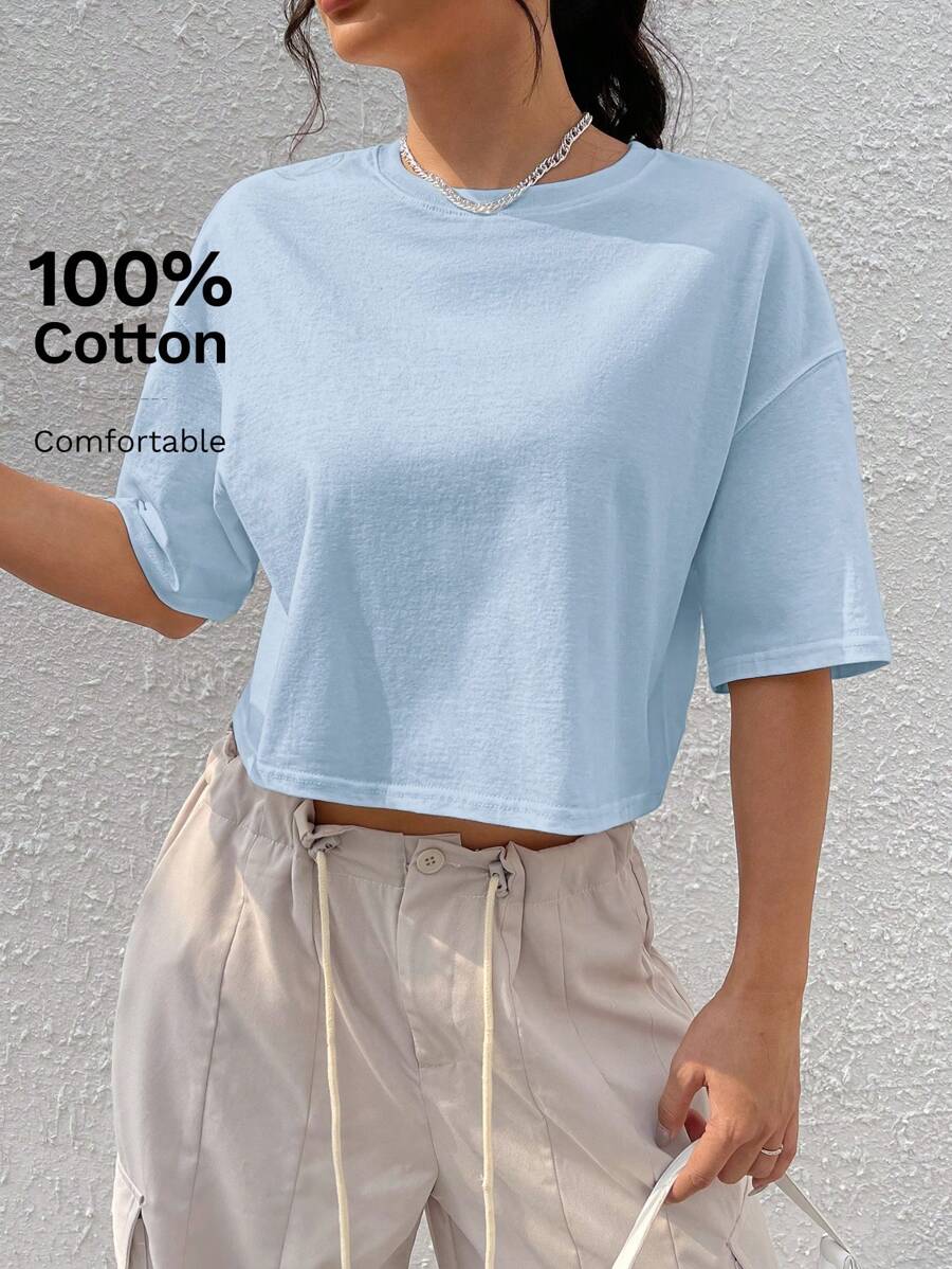 SHEIN EZwear 纯色短袖T恤，简约时尚，休闲日常穿着