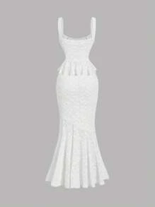 SHEIN MOD Conjunto de top de tirantes blanco y falda larga de sirena de encaje para mujer, conjunto de vestimenta elegante para primavera, estilo "old money", vestidos modestos para mujer