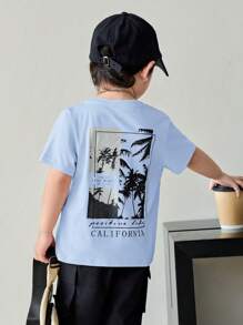 SHEIN Leap Crew Young Boy Vacation Theme Graphic Round Neck Short Sleeve T-Shirt - Blue - View 10