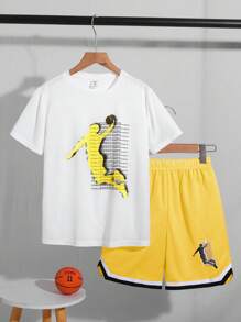 Conjunto de 2 piezas de camiseta de manga corta con cuello redondo y estampado de letras, y pantalones cortos informales y deportivos, adecuado para viajes, escuela, uso diario y actividades deportivas, para niño pre-adolescente, primavera/verano