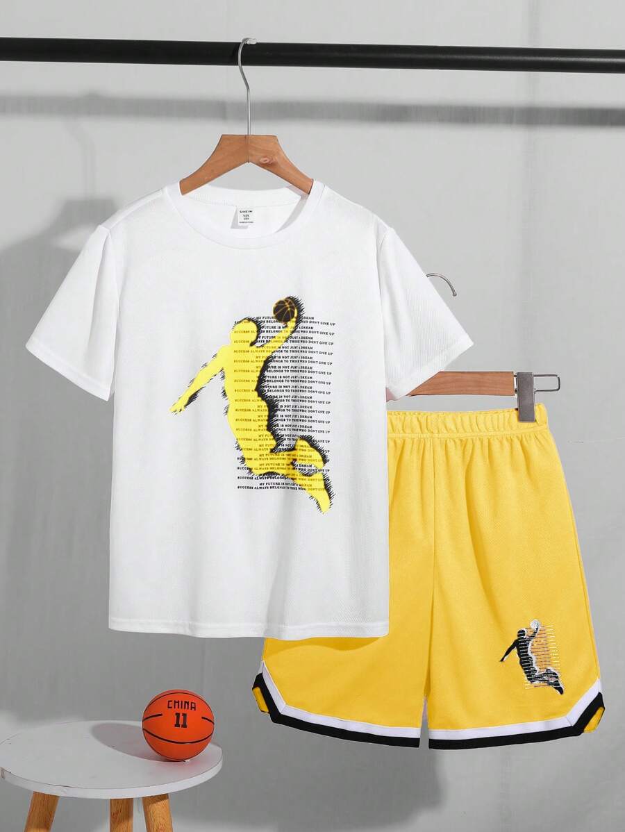 Conjunto de 2 piezas de camiseta de manga corta con cuello redondo y estampado de letras, y pantalones cortos informales y deportivos, adecuado para viajes, escuela, uso diario y actividades deportivas, para niño pre-adolescente, primavera/verano