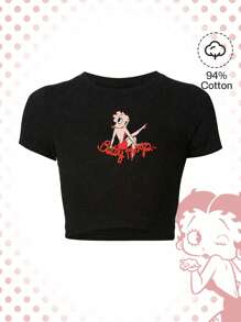 Betty Boop | ROMWE Camiseta corta de verano ajustada con impresión de letra y personaje de dibujos animados