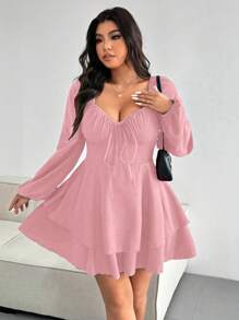 Flirla Plus Size Elegant Solid Color Tie Front Layered Hem Dress Fall Cloth For Women - Baby Pink - View 5