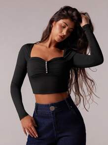 Forever 21 Women's Sweetheart Neck Rhinestone Decor Cropped Long Sleeve Top - Black - View 1