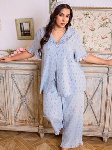 CottageSlumber Plus Size Collared Open Front Ruffled Ditsy Ditsy Floral Pajama Set, Cozy And Elegant Details - Multicolor - View 5