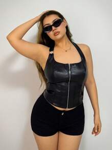 SHEIN ICON Plus Size Sexy Backless Front Zip Up PU Leather Halter Neck Top, Y2K Crop Top - Black - View 5