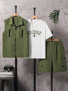 Conjunto de 3 piezas de ropa informal para adolescentes varones, incluye chaleco verde oliva, camiseta con estampado de letras y shorts utilitarios, adecuado para uso diario en verano