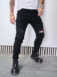 Manfinity LEGND Men's Black Ripped Denim Jeans: Stylish Distressed Long Jeans With Knee Rip Detailing - Black - View 3