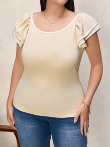 Chikora Große Größen Kontrast Bindung Rüschenverzierung Rundhals Kurzarm T-Shirt