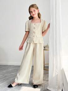 SHEIN 少女优雅杏色短袖珍珠纽扣衬衫和阔腿裤套装 - 杏色 - 查看 3