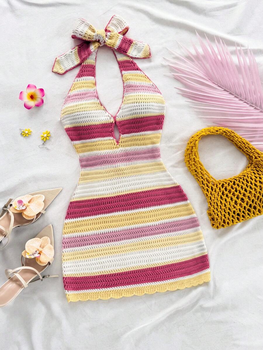 Soleia Vacation Halter Wrap Backless Contrast Stripe Knitted Dress - Multicolor - View 1