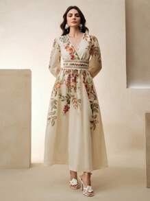 Anewsta Vestido elegante de manga larga con cuello en V, cintura y manga acampanada con estampado floral y encaje, adecuado para vacaciones, primavera/verano, festivales, graduación
