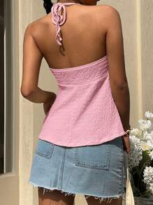 SHEIN EZwear Top de mujer tipo tank de cuello halter de punto con cremallera frontal a media altura en color rosa - Rosa - Ver 2
