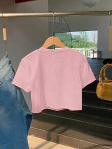Camiseta corta de mujer de cuello redondo con manga corta y estampado de letras, de estilo casual - Rosa Pálido - Ver 2