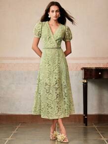 Anewsta Elaire 法式优雅厚重蕾丝边泡泡袖 V 领连衣裙，适合夏季、节日、休闲、度假、假日、海滩、约会之夜 - 綠色 - 查看 7