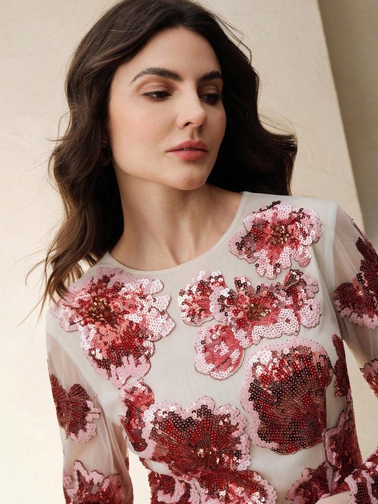 Women's Pink Floral Sequin Mesh Elegant Vacation Dress, Casual Spring/Festival/Holiday Wear, Long Sleeve Round Neck