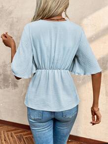 Chiquease 女式简约纯色纹理前系带衬衫，夏季 - 淺藍色 - 查看 2