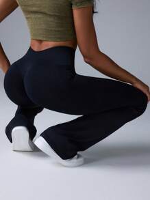 Fluxe Movishi Seamless & High Stretch Solid Color High Waisted Tight Fit Flared Knit Leggings - Black - View 5