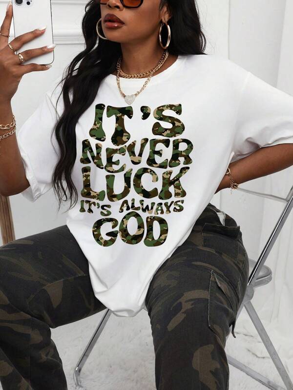 SHEIN CURVE+ Everyday Comfort, Women's Inspirational Camouflage T-Shirt - "It's Never Luck, It's Always God" Print, Casual Crew Neck, Polyester, Machine Washable, All-Season Wear