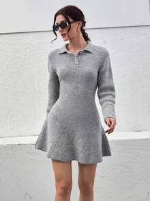 CLARA VERO Women Polo Neck Button Detailed Grey Knit Mini Sweater Dress,Winter Dresses - Grey - View 6