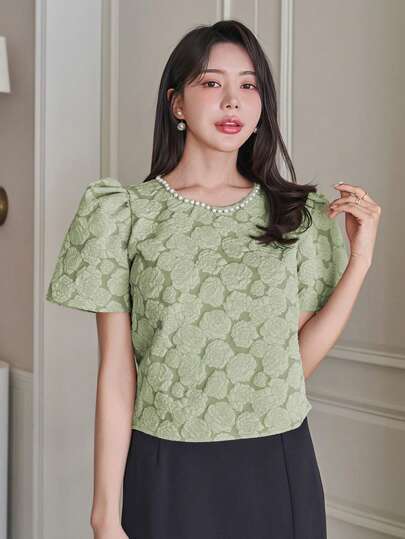 DAZY 女士优雅宝石领泡泡袖串珠婚礼宾客T恤工作女装复活节