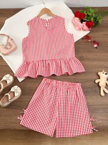 2pcs/Set Teen Girls' Plaid Sleeveless Top And Shorts, Fashionable Summer Outfitholiday,Summer,Travel,Getaway - Red - View 2