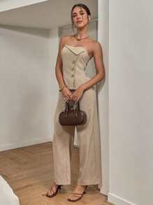 SHEIN Essnce Women Summer Casual Front Button Camisole Top And Suit Pants 2 Pieces Set - Apricot - View 6