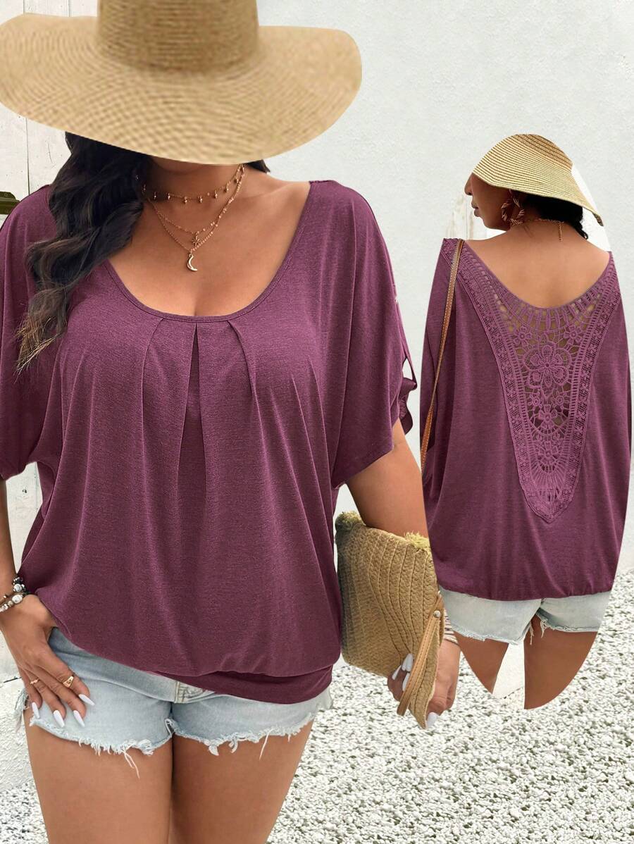 SHEIN LUNE Plus Size Large Round Neck With Ruched Trim Casual T-Shirt - Redwood - View 1