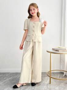 SHEIN 少女优雅杏色短袖珍珠纽扣衬衫和阔腿裤套装 - 杏色 - 查看 6