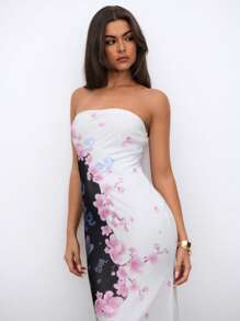 Aloruh Women's Elegant White Midi Dress: Strapless Sleeveless Knitted Bodycon Dress With Cherry Blossom Print For Special Occasions - White - View 5