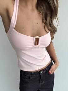 Aloruh Crop Top Wanita Seksi Tanpa Punggung dengan Leher Halter, Warna Polos, Musim Panas - Berwarna merah muda - View 1