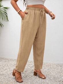 SHEIN Frenchy Plus Size Vacation Solid Color Knotted Casual Pants With Pockets - Camel - View 7