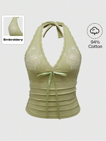 Hippie Top de verano con estampado floral bordado, frente atado y encaje contrastante en cuello halter