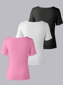 3pcs/Set Teen/Youth Girls' Casual Versatile Simple Ribbed Short Sleeve T-Shirt Set - Multicolor - View 2