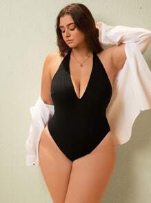 Swim Lushoire Traje de baño de una pieza con cuello de pico para tallas grandes, tela texturizada, diseño minimalista, básico para vacaciones