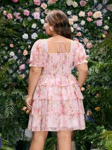 SHEIN MOD Plus Size Romantic Cut Out Floral Print Multi-Layer Ruffle Hem Dress.Womens Summer Dresses - Multicolor - View 5