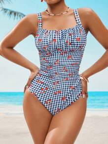 Swim Mod 1pc Women's Plaid Cherry Print Ruffle Strap One-Piece Swimsuit For Summer Beach Vacation - Multicolor - View 4