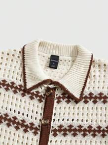 ROMWE MEN Men's Vacation Casual Color Block Trim Hollow Out Knit Sweater - Apricot - View 3