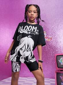 The Winx X SHEIN Tween Girl Cartoon Magic Fairy Princess Graphic Black & White Casual Short Sleeve T-Shirt