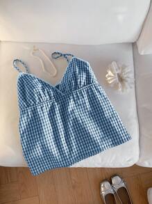 Comfortcana 海军蓝和白色格纹加大码吊带背心，夏季时尚 - 藏蓝色 - 查看 3