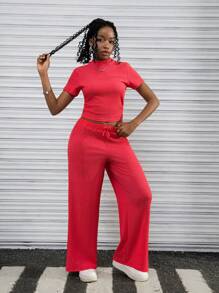 SHEIN 2pcs/Set Teenage Girls Textured Stand Collar Short Sleeve T-Shirt + Casual Long Pants