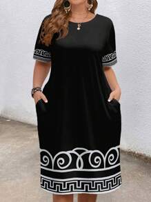EMERY ROSE Plus Size Women's Elegant Black And White Geometric Print Dress,Summer Smart Casual Round Neck Short Sleeve Pocket Dress For Vacation,Spring Outfits - Multicolor - View 1