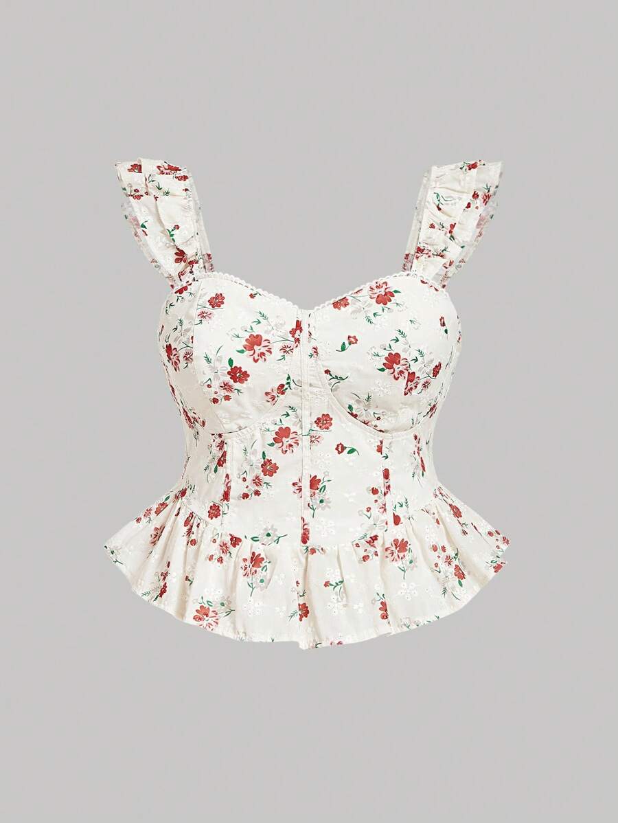 SHEIN MOD Women Plus Size Fashion Embroidery Ruffle Hem Blouse, Suitable For Vacation - Multicolor - View 1