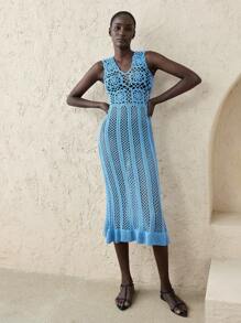 Ontre 2025新款乡村音乐节风，湖蓝色无袖钩针针织罩衫，度假沙滩装，女士春夏手工钩针休闲连衣裙