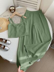 LMoss Kids LMoss 2pcs/Set Tween Girl Woven Solid Color Camisole And Wide Leg Pants - Army Green - View 4