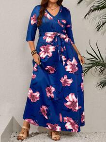 EMERY ROSE Plus Size V-Neck Long Sleeve Dress, Fashion Suitable For Summer - Multicolor - View 4