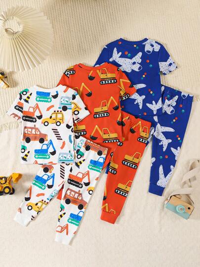6pcs Set Toddler Boys' Casual Stylish Cool Colorful Car, Excavator, Plane Print Comfortable Short Sleeve Pants Bodysuit Home Outfit